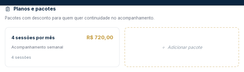 Cards de pacotes de sessões com o cartão ghost '+ Adicionar pacote' no editor