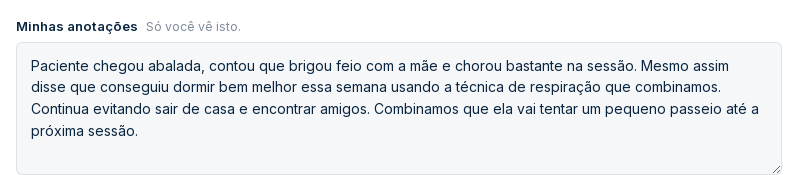 Painel 'Minhas anotações — Só você vê isto.' no dashboard do psicólogo