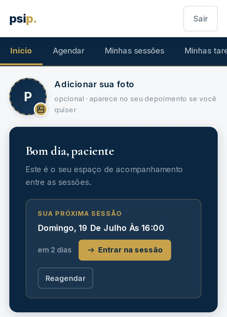 Área do paciente no celular — próxima sessão e acompanhamento